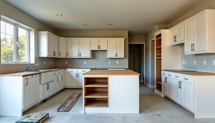 Modern kitchen interior with ample white cabinets. Functional layout, plenty of storage space. Wood countertops, light neutral walls. Organized cabinets create clean aesthetic. Construction phase of