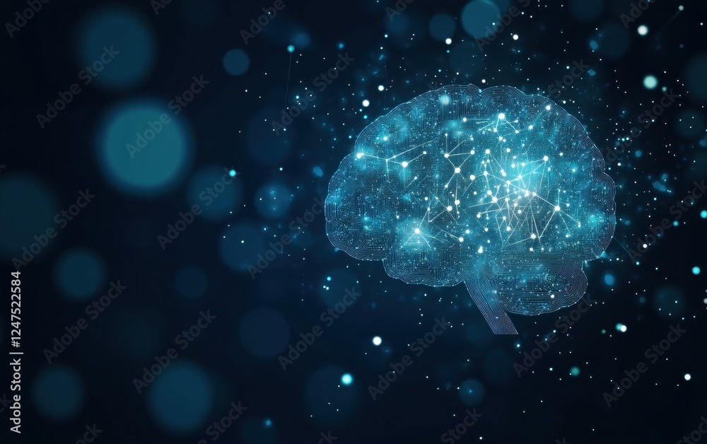 Poster a digital brain made of circuitry and data streams, representing the ai neural network the backgroun