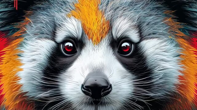 Dynamic closeup sequence of a vibrant textured panda character with intense red eyes
