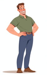 Fototapeta premium Confident man in olive green polo shirt, blue pants, and brown shoes, full-body portrait 