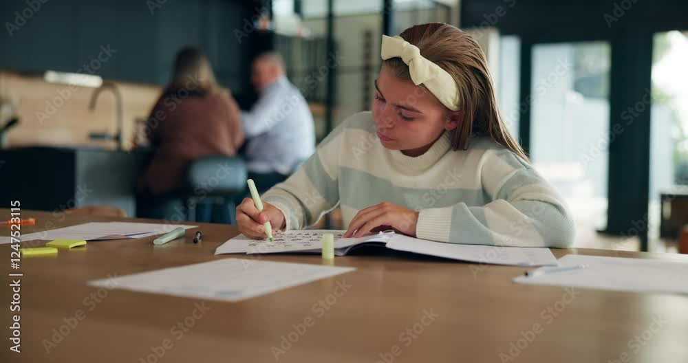 Poster Girl, thinking and writing homework in home for assignment solution, problem solving and learning development. Student, book and thoughtful with school assessment for concentration or study knowledge