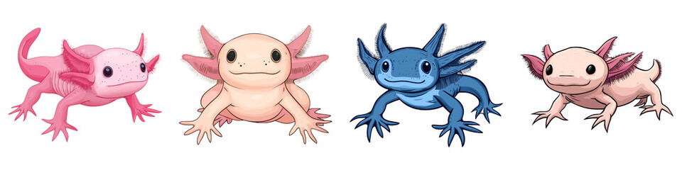 Obraz premium axolotl clipart concept. Four colorful axolotls in various hues against a white background. on Transparent background.