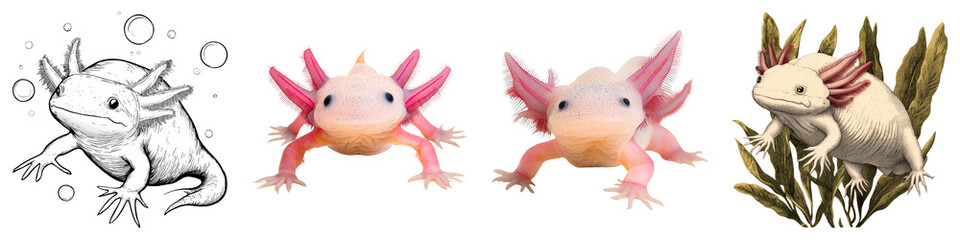 axolotl clipart concept. Four colorful axolotls displayed in different states against a white background. on Transparent background.