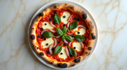 Neapolitan Pizza with Mozzarella, Basil, Red Onion, and Olives on a White Plate: Delicious Italian Cuisine Still Life Photography