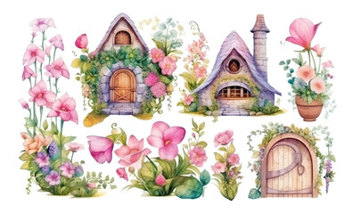 Set of fairy house and flowers clipart element, transparent background