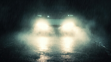 Obraz premium car headlights cutting through heavy rainstorm, illuminating wet road ahead. scene evokes sense of mystery and intensity as rain pours down
