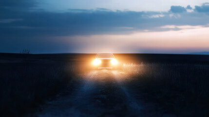 car headlights illuminating path through dark field at dusk, creating mysterious and serene atmosphere. scene captures beauty of nature and allure of adventure