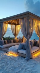 Fototapeta premium Luxury Beach Cabana with Lights at Twilight Phone Background