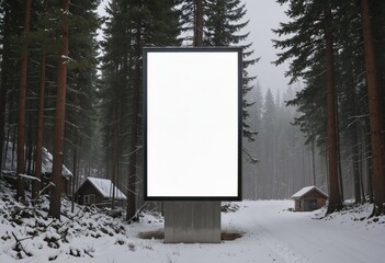 A blank billboard stands in a snowy forest, surrounded by tall trees and small wooden structures, with a foggy sky above, creating a serene and solitary scene