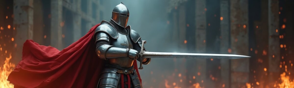 Templar knight in shining armor holds gleaming sword. Red cape billows. Powerful pose. Fiery background suggests battle. Medieval bravery. Ready to fight.