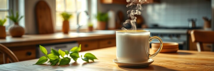 A steaming cup of coffee on a wooden table with warm morning light, surrounded by plants and kitchen elements, evokes a feeling of comfort and relaxation in a cozy home setting