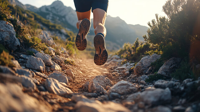 A dynamic scene of trail runners navigating a rocky mountain path, capturing the spirit of outdoor endurance sports.