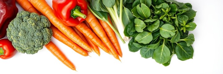 Fresh vibrant vegetables including bright red peppers, crisp broccoli, and vivid orange carrots arranged neatly against a white background conveying a sense of health and vitality
