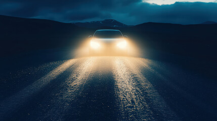 car headlights shining brightly on dirt road at dusk, illuminating path ahead. scene evokes sense of adventure and mystery in twilight