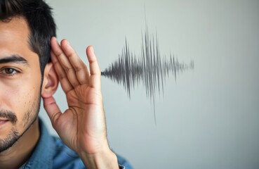 Close-up of man cupping ear to listen attentively. Appears focused, concerned. Image suggests possible hearing impairment difficult conversation. Sound waves depicted in background, emphasizing