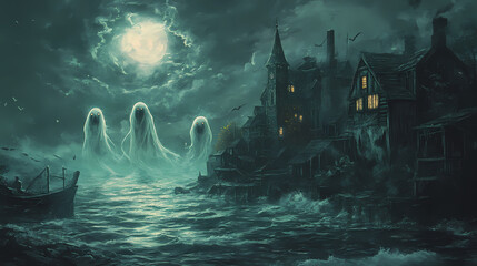 Ghostly sea creatures haunt coastal village on all hallows eve with eerie surrealist atmosphere. Cosmic Horror Influences. Illustration