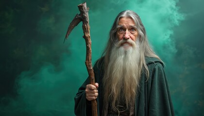 Wise old wizard holds mystical staff. Charismatic, powerful figure stands against green mystical background. Enchanted scene evokes ancient folklore. Legendary wizard wearing long robe. Epic fantasy