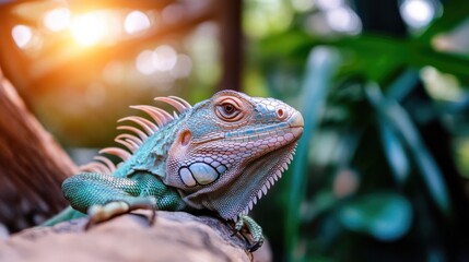Fototapeta premium Colorful iguana on branch in sunlit tropical forest