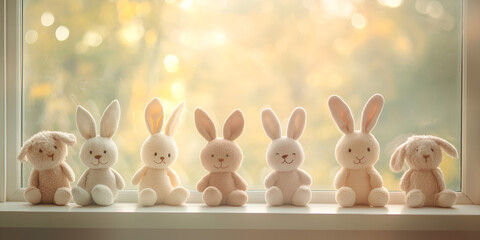 Bunny Plush Toys Lined Up on a Windowsill with Soft Lighting