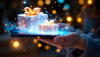woman hand holding tablet with christmas gifts