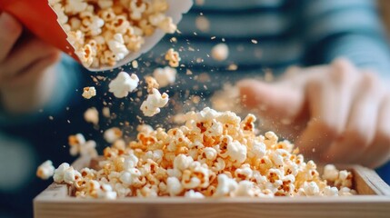 Close-up of hand reaching for freshly popped popcorn