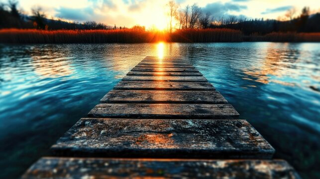 Tranquil lake sunset with wooden pier leading to horizon
