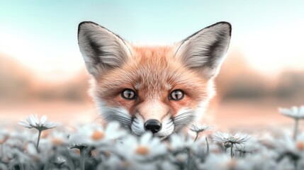 Obraz premium Curious fox amidst daisies in serene meadow