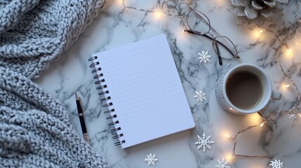 cozy winter notebook flatlay with coffee and lights