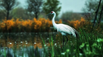 Obraz premium Elegant crane standing by a tranquil lake surrounded by lush vegetation and vibrant flowers