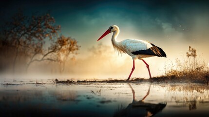 Fototapeta premium Stork in tranquil wetland at dusk with golden light and reflective water