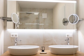 hygiene. modern faucet with a convenient sink in the bathroom. daily bathing procedures, washing, brushing teeth go well if there is a convenient sink and a faucet with hot water