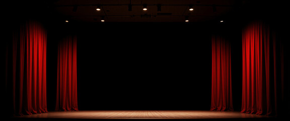 Theater stage with red curtains illuminated by soft lighting creating an elegant atmosphere representing the glamour of performances