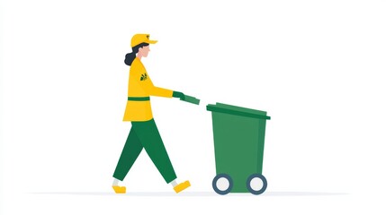 A person in a yellow uniform pushing a green garbage bin