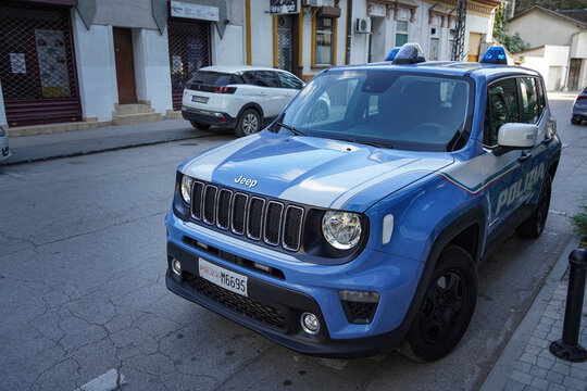 A Jeep Renegade Sport of the Italian police (Polizia di Stato) parked in front of a modern residential building. A compact patrol SUV equipped for urban law enforcement. Subotica, Serbia, 16.09.2023