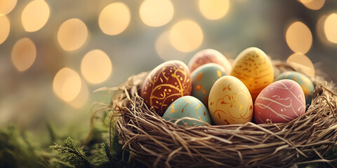Obraz premium Painted Eggs Arranged Neatly in a Straw Nest with Festive Colors