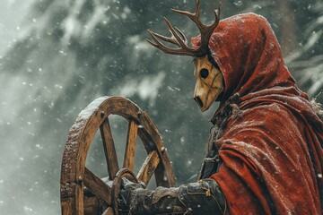 Fototapeta premium On a blurred winter landscape, a shaman in a horned animal skull and red cloak is involved in a mystical death ritual. The scene includes sacred objects from ancient pagan rites, hinting at Slavic or
