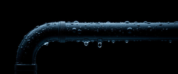 Dark water pipe with droplets highlighting its smooth texture and reflective surface conveys a sense of freshness and cleanliness, set against a black background