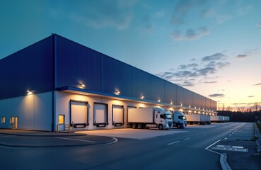 Large modern warehouse with loading bays at twilight. Trucks parked at loading docks. Blue, white exterior design. Commercial facility. Urban setting. Logistics operation. Minimalist architectural