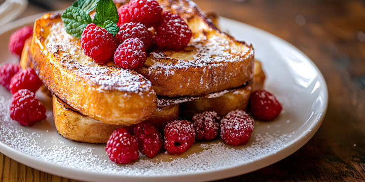 Gourmet French Toast with Raspberries and Mint Leaf: A Visually Appealing Breakfast Dish with Crispy Edges, Fluffy Layers, and Powdered Sugar for an Indulgent Brunch Idea - Powered by Adobe