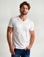 Fototapeta premium Man in plain white v-neck t-shirt, blue jeans poses against plain white background. Casual attire. Front view photo. Basic apparel. Male model in minimalist style. Simple clothing item. Studio shot.