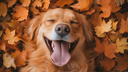 Beautiful painting of a happy, joyful and friendly golden labrador retriever dog laying down in orange leaves or park in autumn nature with his tongue out.