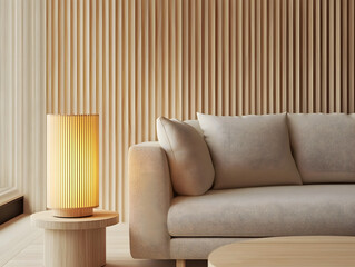 Modern Living Room with Elegant Lighting and Vertical Wooden Panels