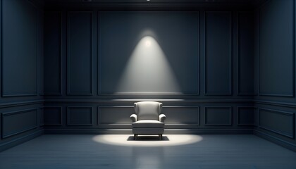 Elegant room design with spotlight classic armchair. Dark blue walls feature decorative molding....