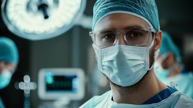 Male surgeon wearing a surgical mask posing at work at a surgery room looking at the camera