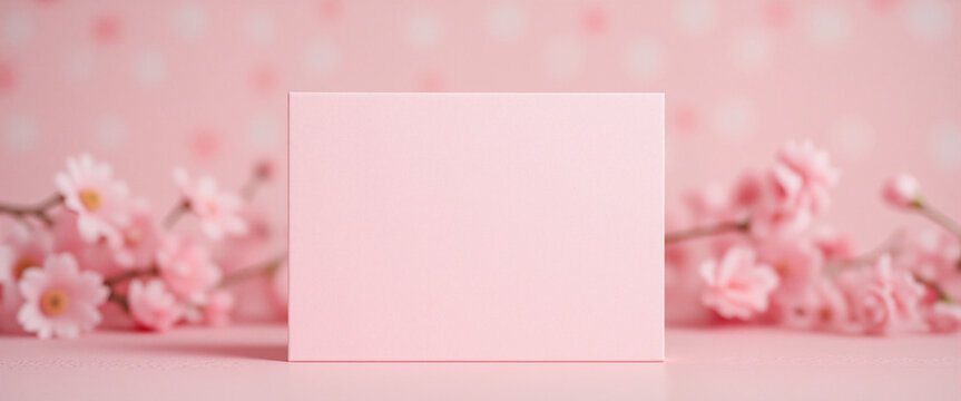 Pink blank postcard surrounded by delicate pink cherry blossoms evoking a serene and harmonious atmosphere, perfect for celebrating love and appreciation on special occasions