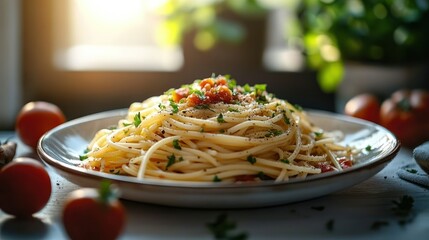 Sunlit Spaghetti Aglio e Olio, kitchen setting