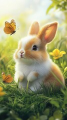 Fototapeta premium adorable baby bunny in spring meadow with butterflies