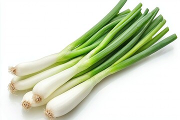 Fototapeta premium Bunch of green onions are displayed on a white background