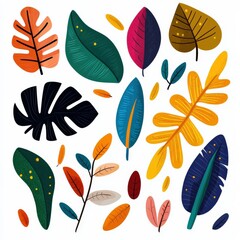 A hand-drawn illustration of tropical leaves in various shapes.