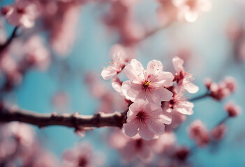 Obraz premium background space beautiful copy focus blossoming image macro blue pink floral gentle sky sunlight soft sakura light nature spring branches of with on